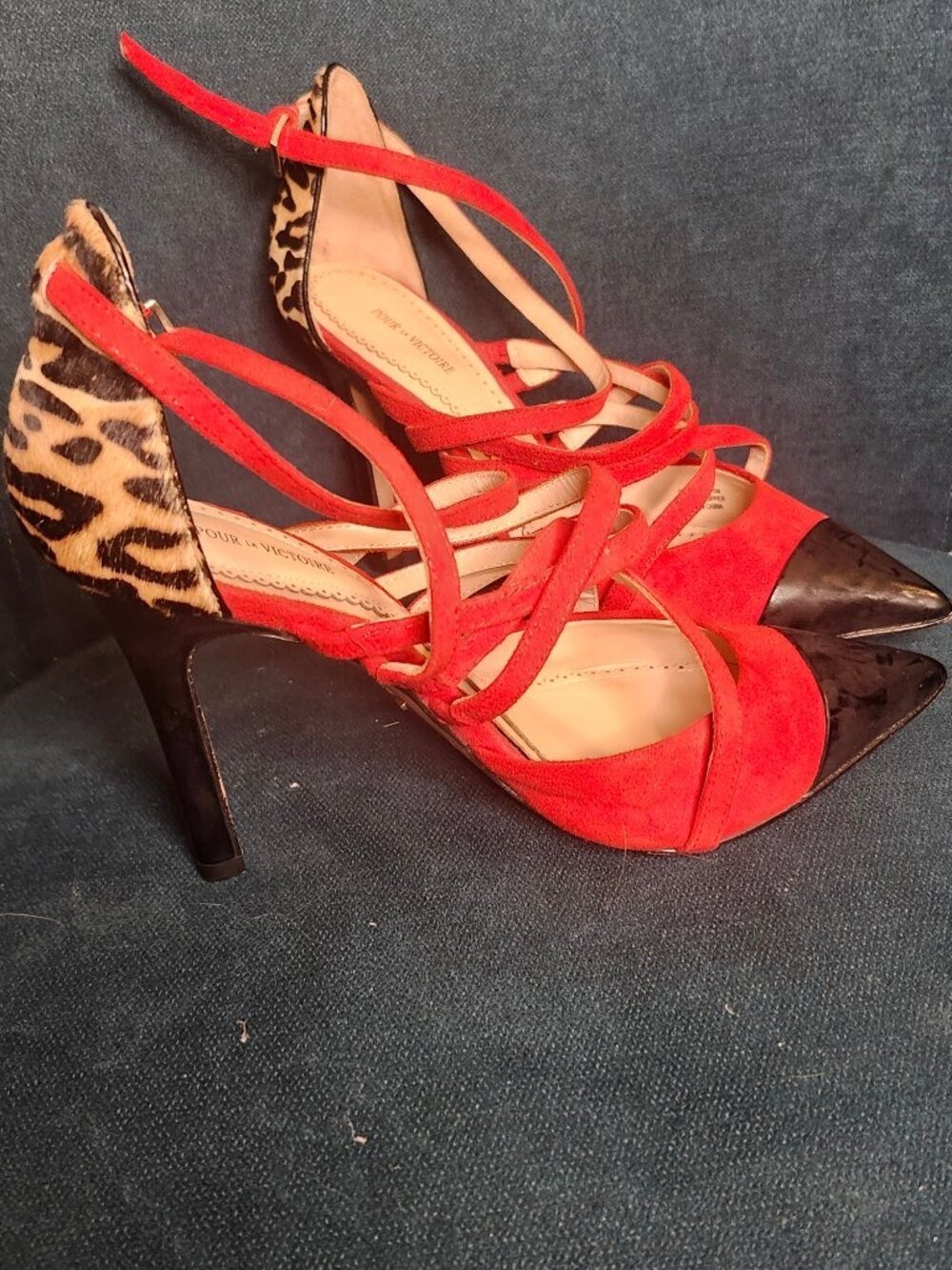 Pour La Victoire Red Suede Leopard Calf Hair Heels | Size 7.5